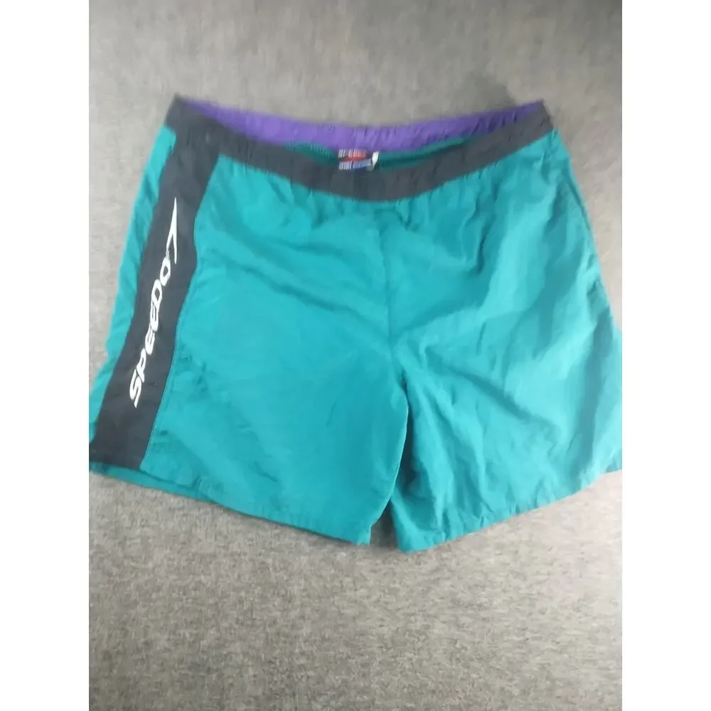 Vintage SPEEDO Teal Spell Out Pockets Mesh Lining Swim Trunk Board Short Size L